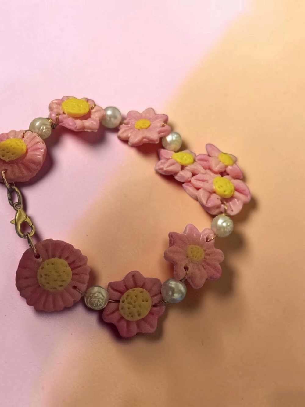 Pink Daisy Flower Bracelet for Kids with Pearl Accents